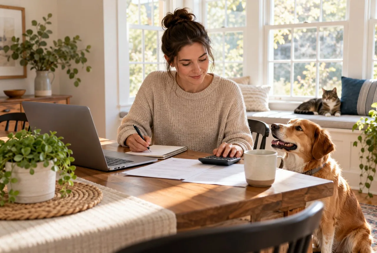 Owner calculating at a table with a dog and cat nearby